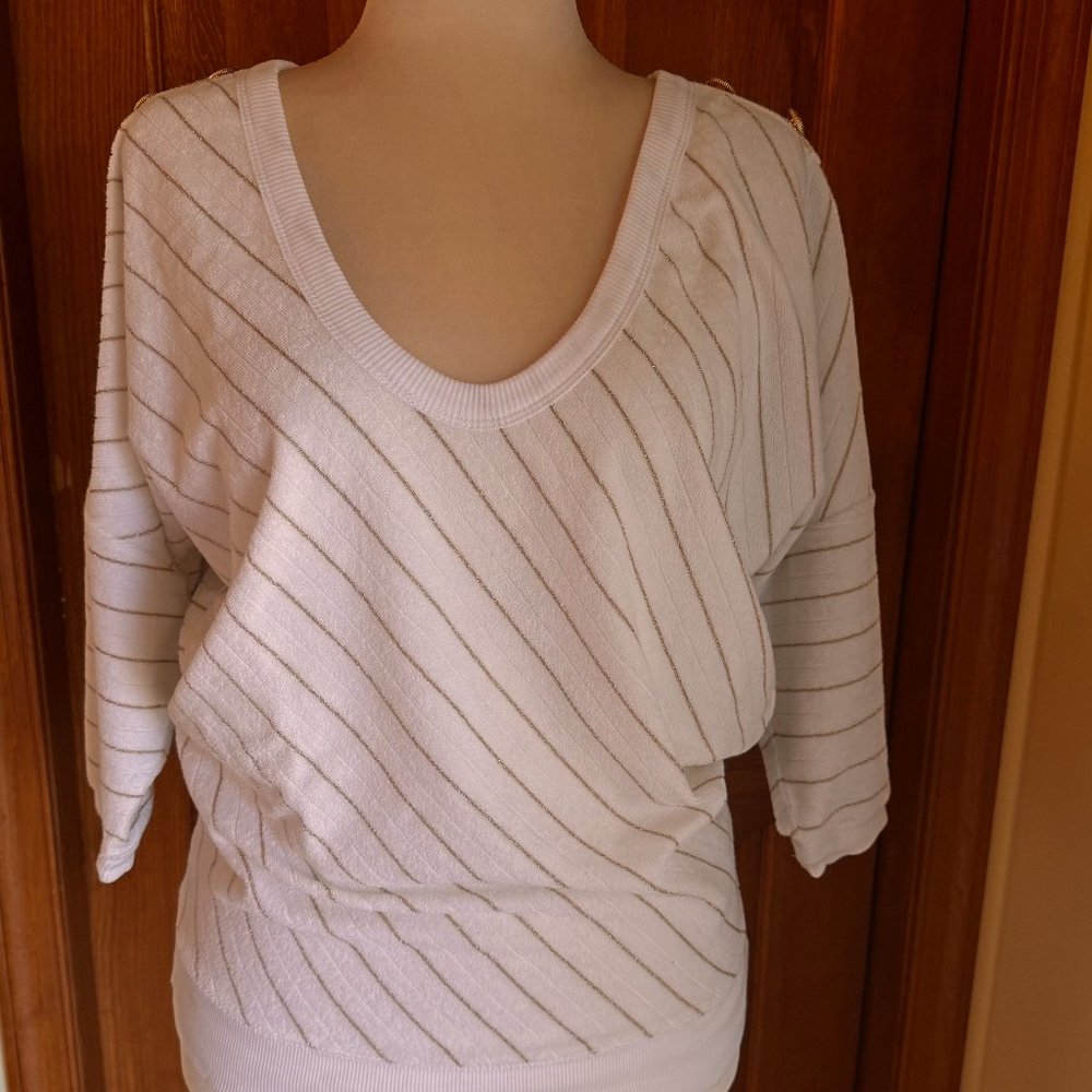 Juicy Couture White/Gold Lurex Dropped Shoulder Blouson Top, Sz L, NWT